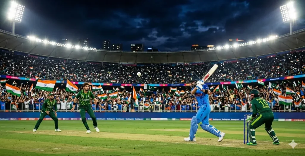 IND vs PAK T20 World Cup match me India ke batsman ka powerful shot stadium floodlights ke neeche