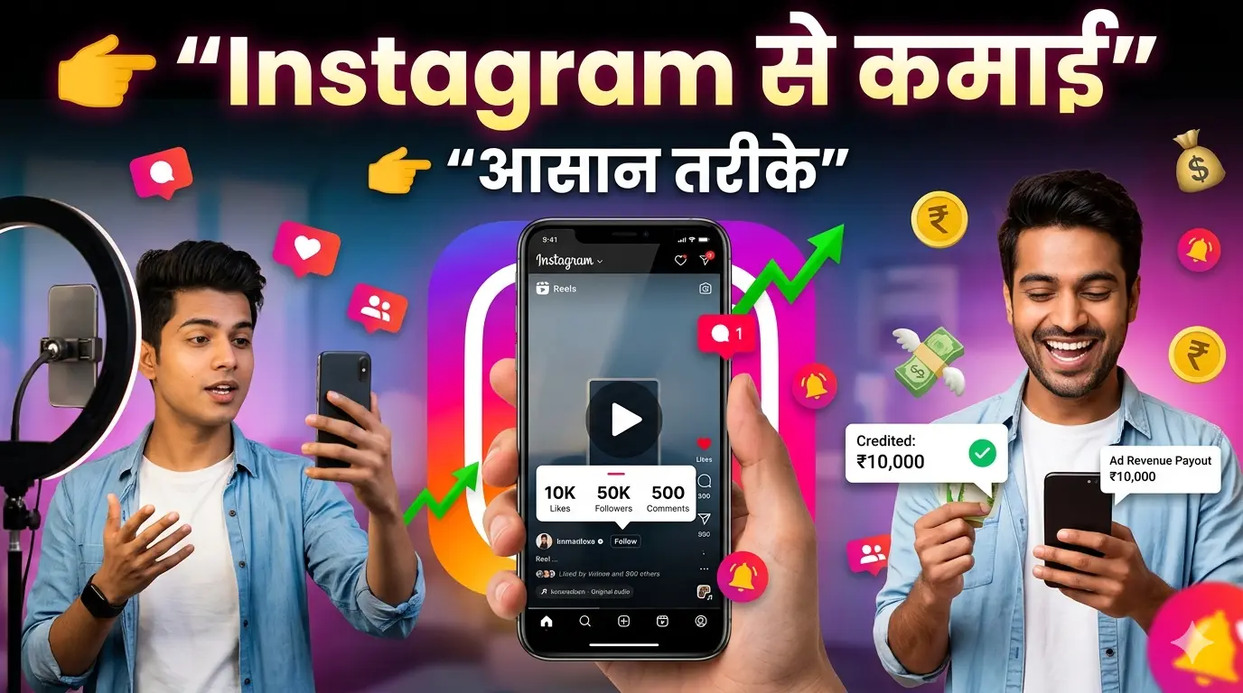 Instagram earning thumbnail showing smartphone with reels, likes and followers, content creator recording video and person receiving money notifications