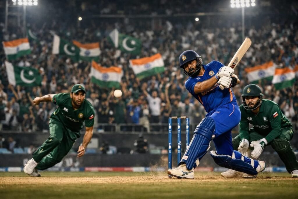IND vs PAK T20 World Cup intense cricket match scene under stadium lights