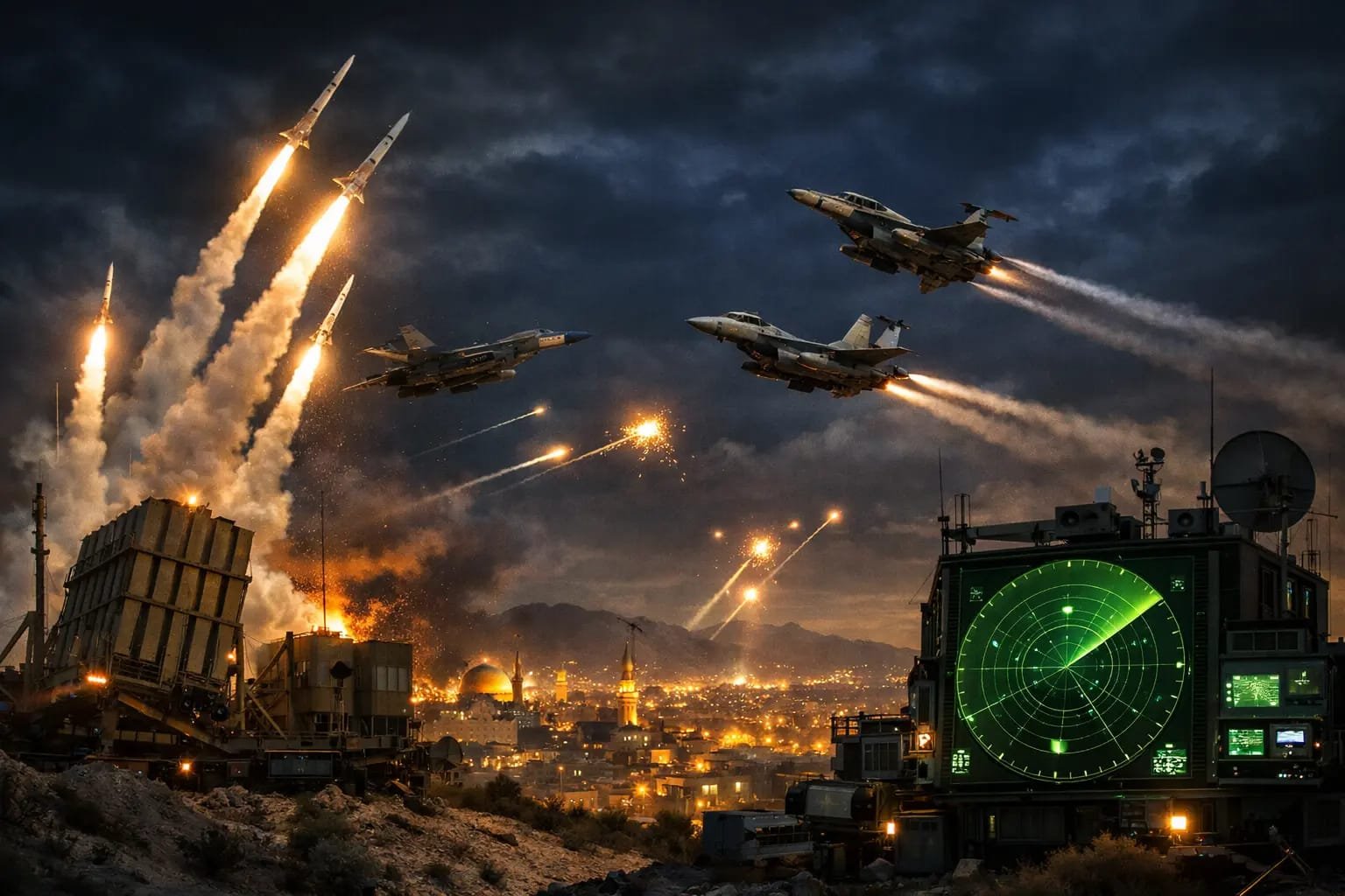 Iran Israel War tension with fighter jets and missile defense systems over Middle East skyline