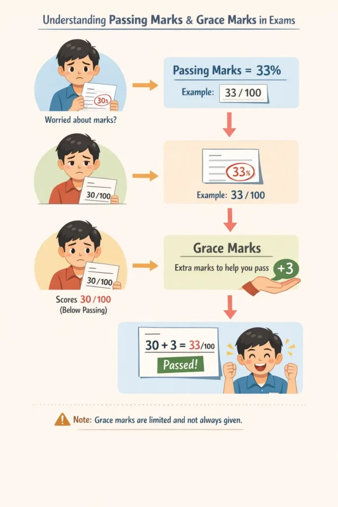 पासिंग मार्क्स और ग्रेस मार्क्स का नियम

पास होने के लिए कितने चाहिए?