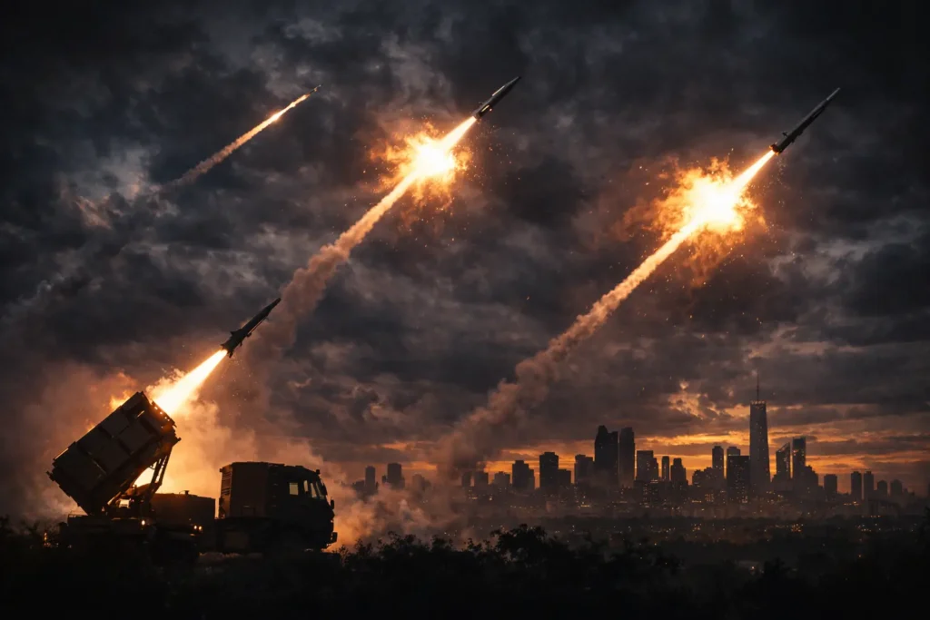 Iran Israel war 2026 military tension scene with missile strikes and smoke in Middle East
