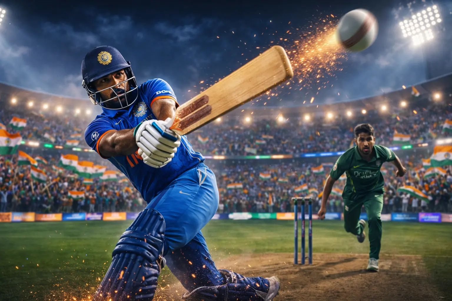IND vs PAK T20 World Cup match me India ke batsman ka powerful shot stadium floodlights ke neeche