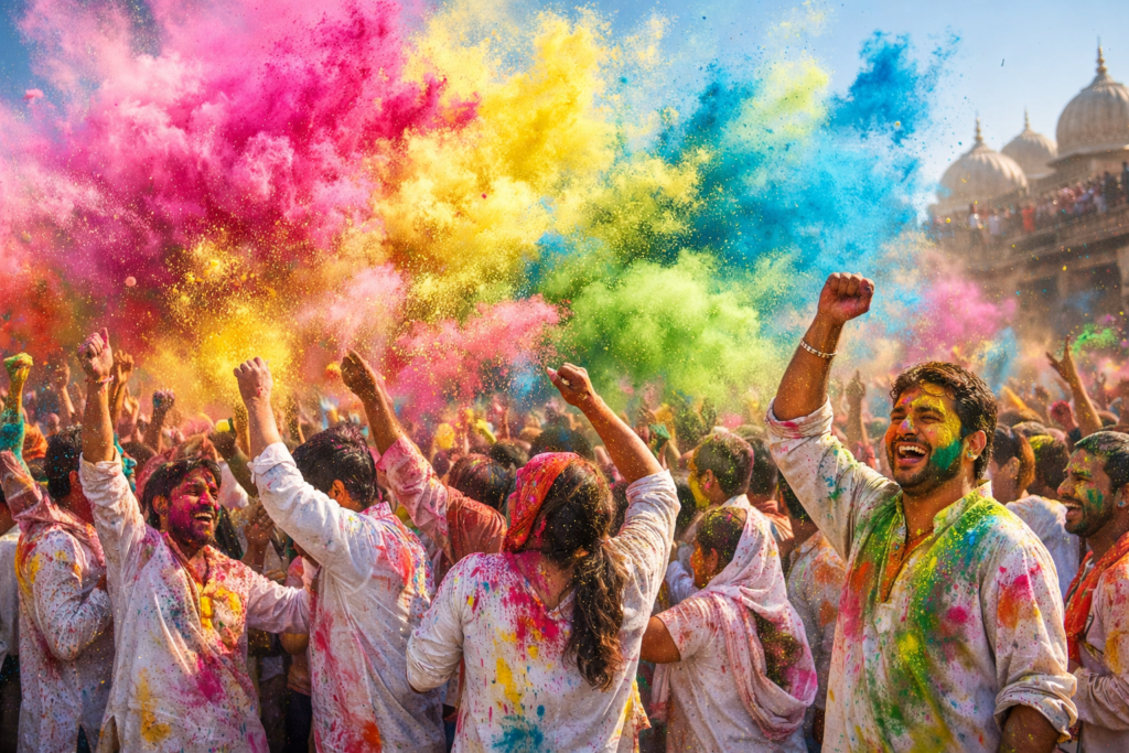 People celebrating Holi festival with vibrant colors