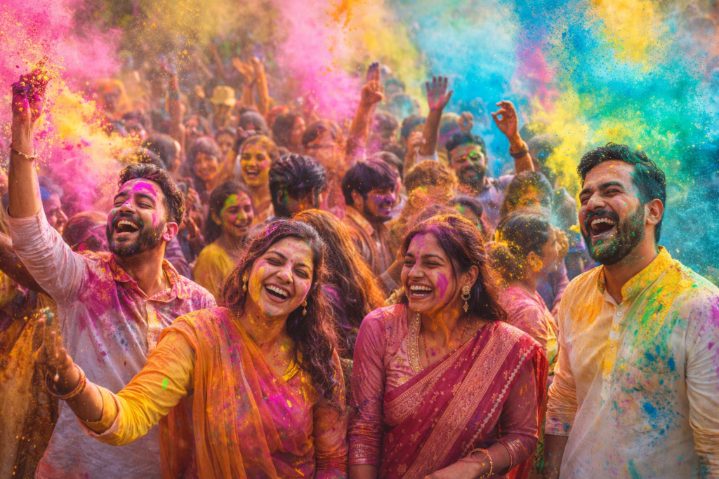 Holi 2026 celebration with colorful gulal in the air