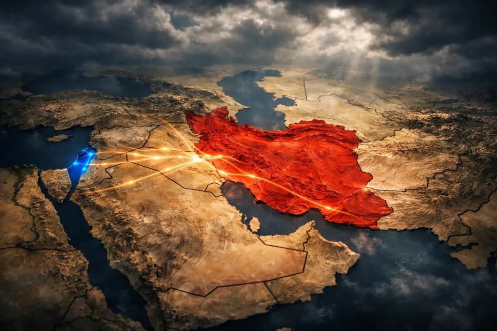 Iran Israel war 2026 military tension scene with missile strikes and smoke in Middle East