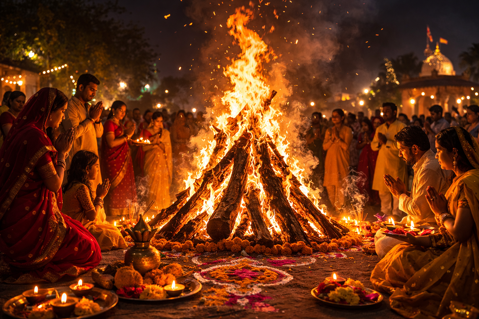 Holika Dahan 2026 sacred bonfire celebration at night
