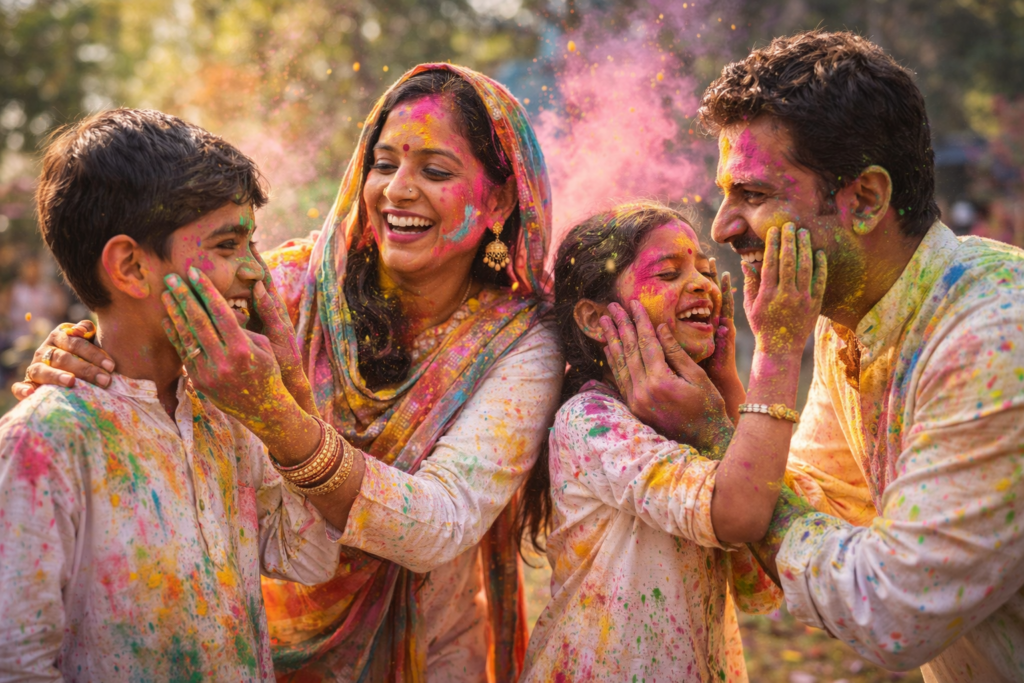 Parents and children playing Holi with gulal