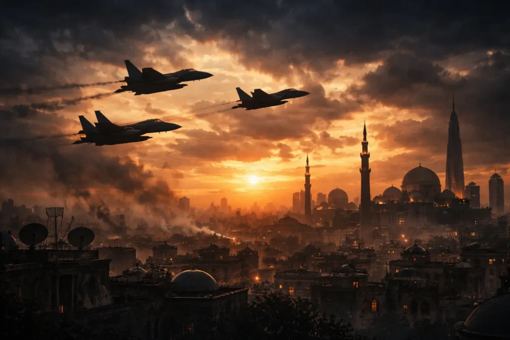Iran Israel war 2026 military tension scene with missile strikes and smoke in Middle East