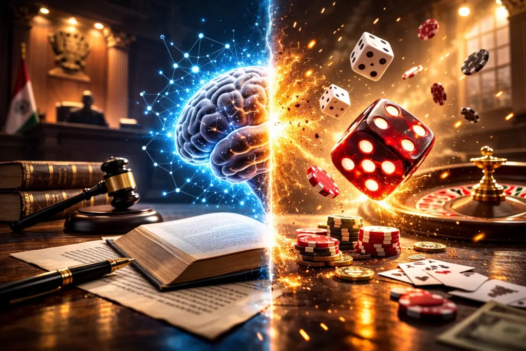 skill vs chance concept brain and dice legal debate image