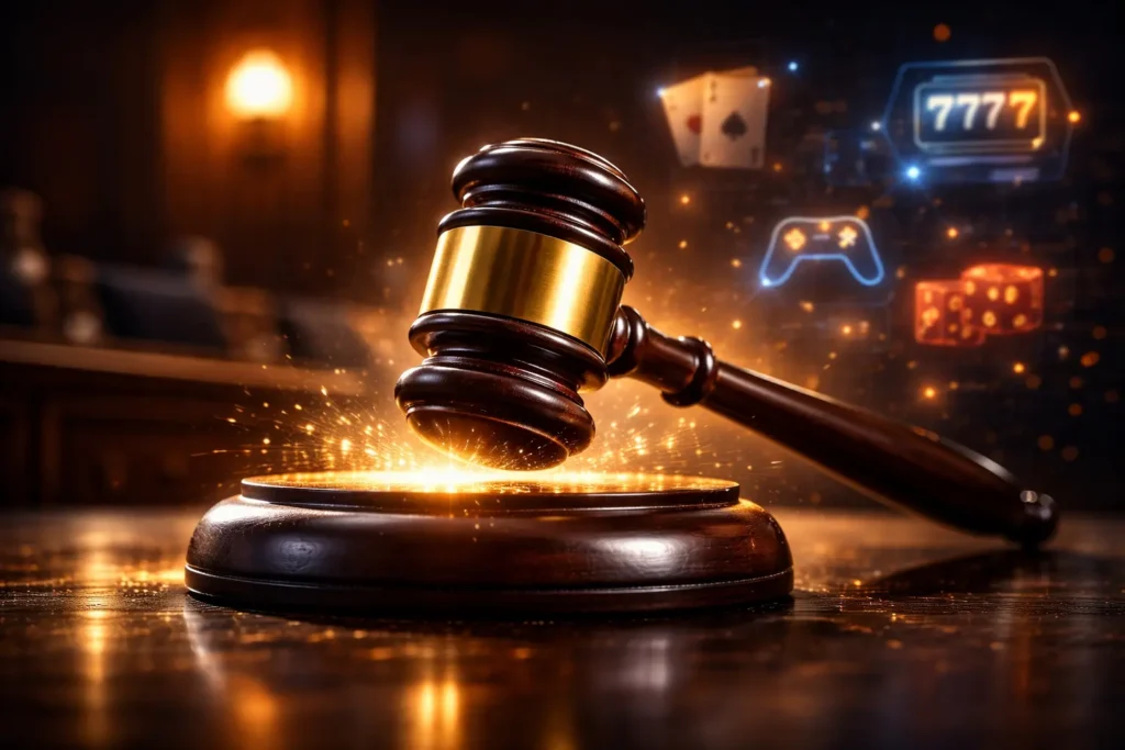 judge gavel with digital gaming icons legal action concept