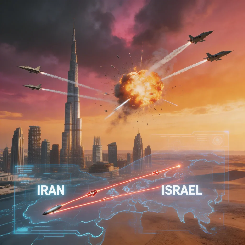 Missile attack and smoke during Middle East conflict