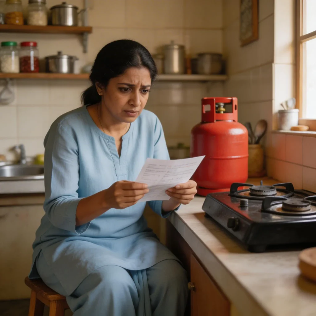 worried indian family checking lpg gas cylinder price